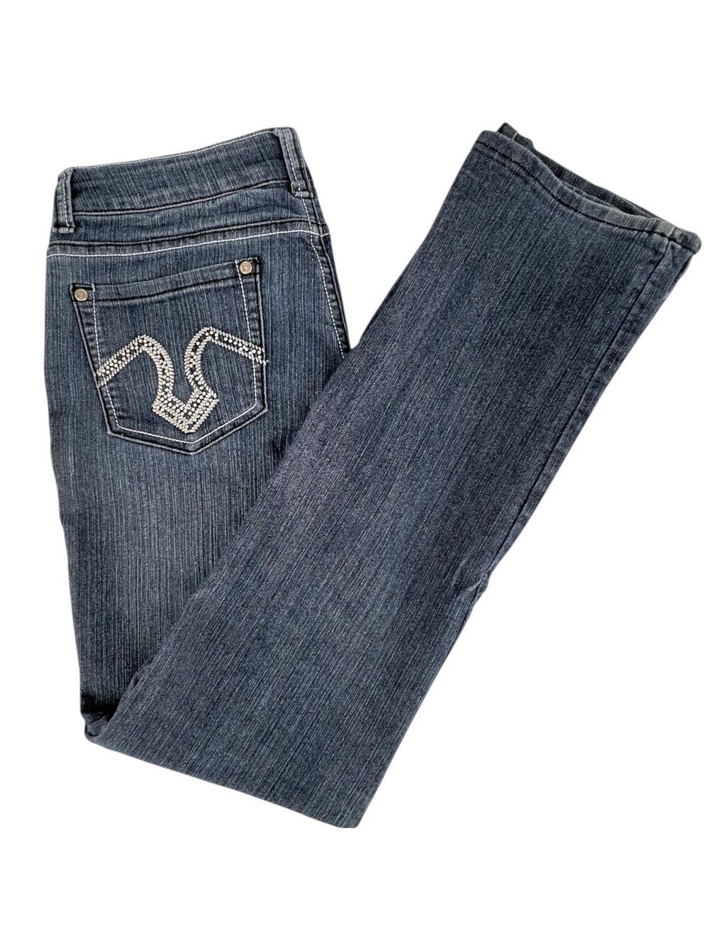 Give Me 5ive Mid Rise Denim Stretch Blue Jeans Bling Back Pocket Juniors Size 13